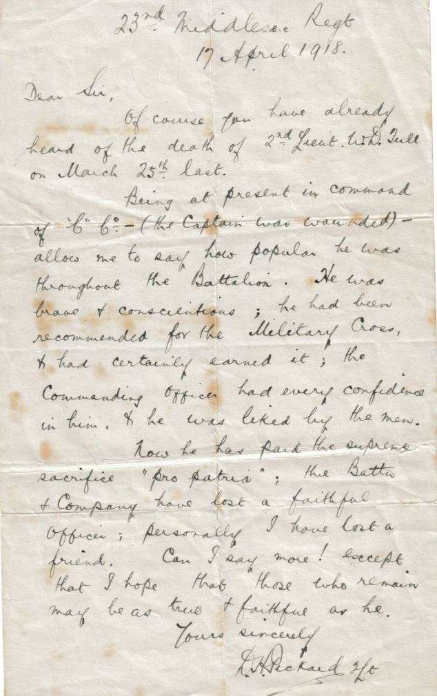 A letter from Lieutenant Pickard to Tull's family telling them that he was popular with the men and had been recommended for the Military Cross in recognition of his bravery