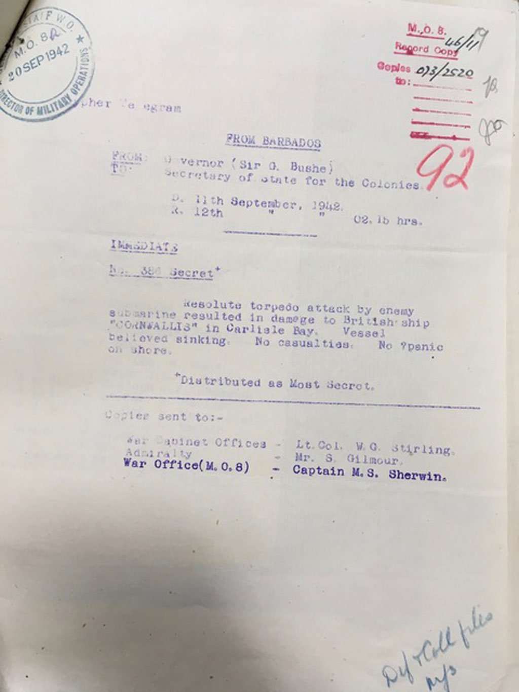Official Colonial Office despatches CNS Cornwallis 1942