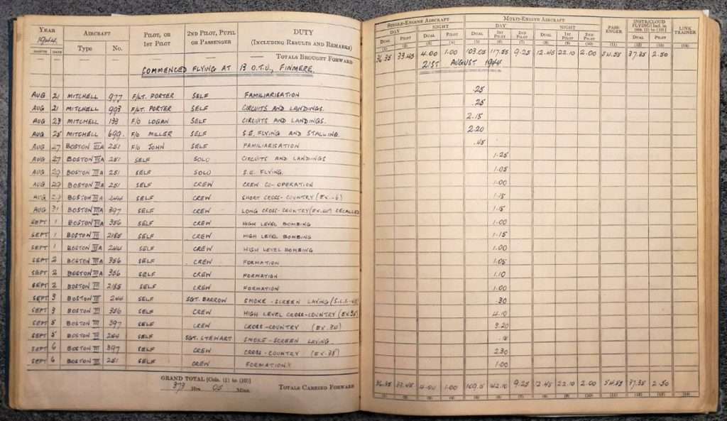 Andrew Cole RAF Pilot log book - Errol Barrow Navigator 13 OTU Finmere