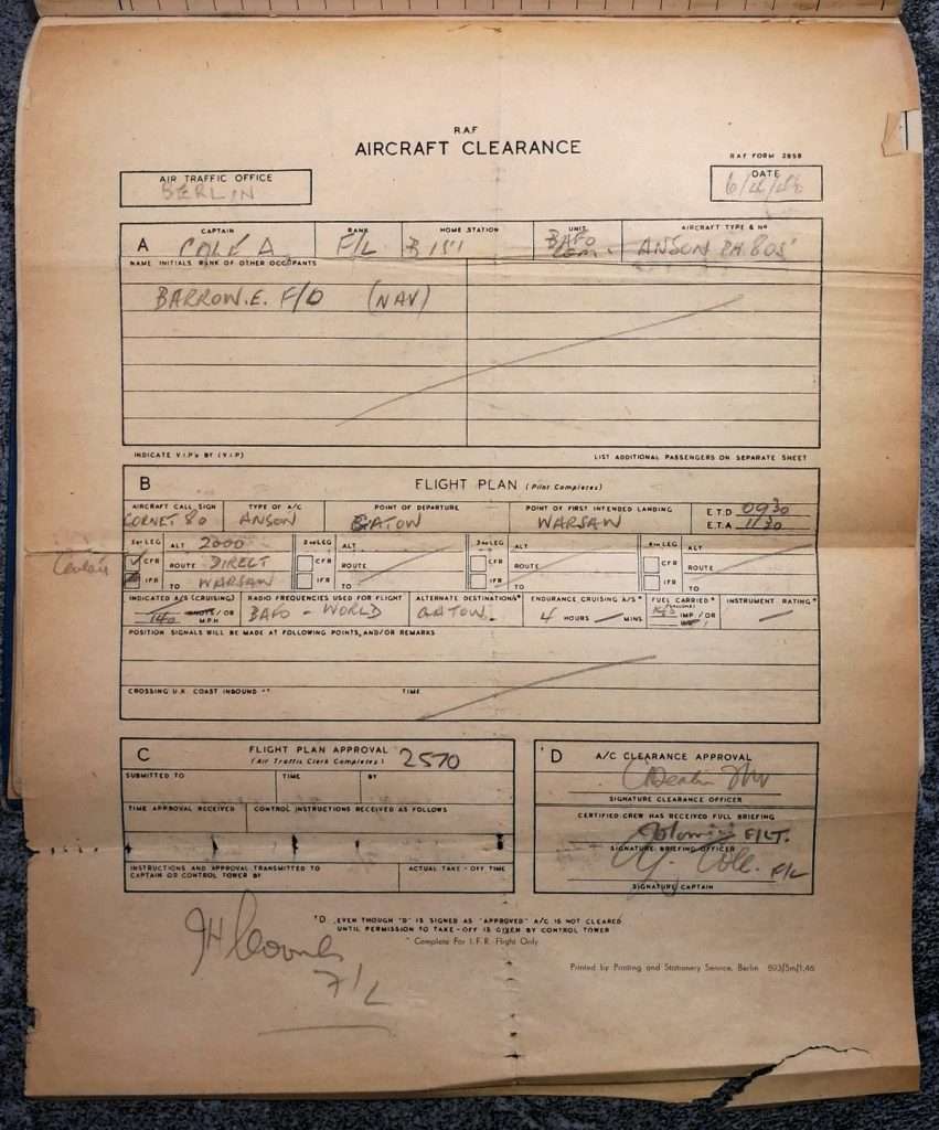 Berlin RAF clearance form - Errol Barrow Navigator Andrew Cole pilot