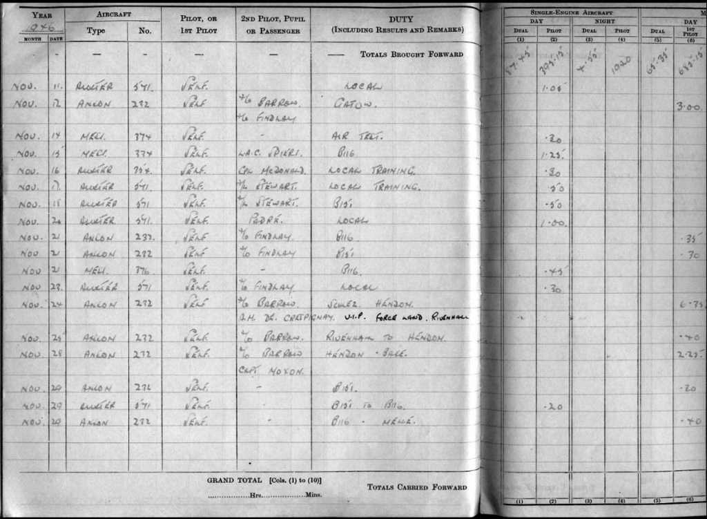 F/L Geoff Norton DFC logbook Navigator Errol Barrow- Nov 1946