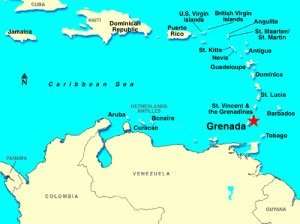 A map of the Caribbean highlighting the location of Grenada