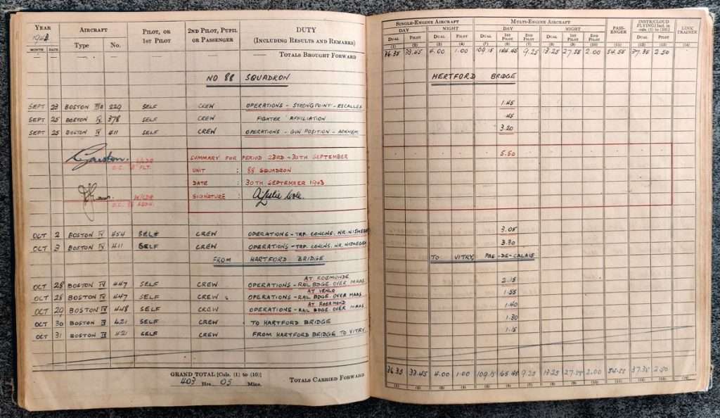 Andrew Cole RAF Pilot log book - Errol Barrow Navigator 88 Squadron combat sorties