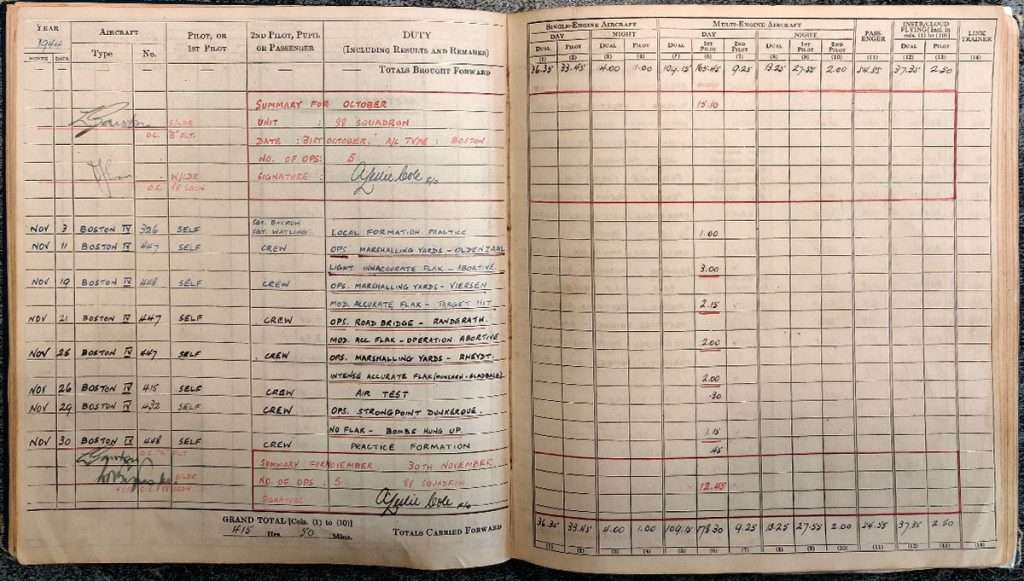 Andrew Cole RAF Pilot log book - Errol Barrow Navigator 88 Squadron combat sorties