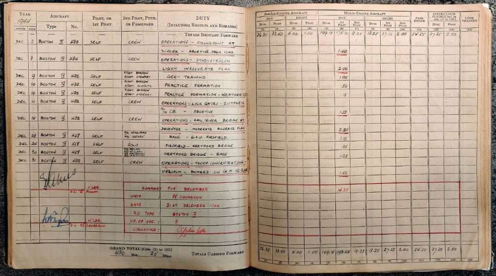 Andrew Cole RAF Pilot log book - Errol Barrow Navigator 88 Squadron combat sorties