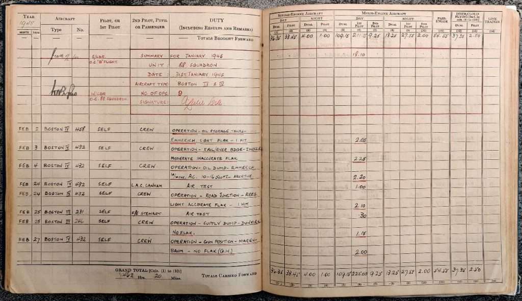 Andrew Cole RAF Pilot log book - Errol Barrow Navigator 88 Squadron combat sorties