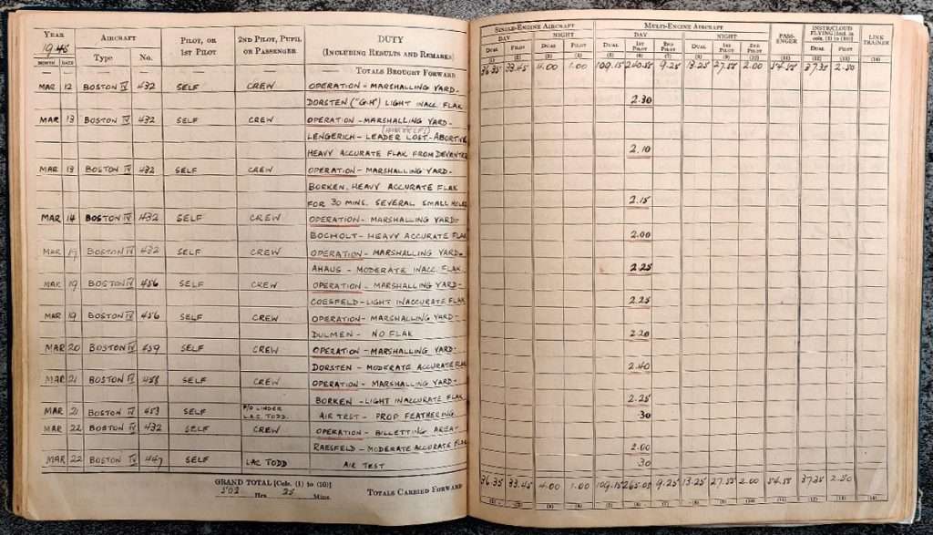 Andrew Cole RAF Pilot log book - Errol Barrow Navigator 88 Squadron combat sorties