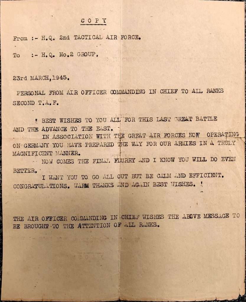 Message dated 23 March 1945 to Crews from Officer Commanding 2nd TAF