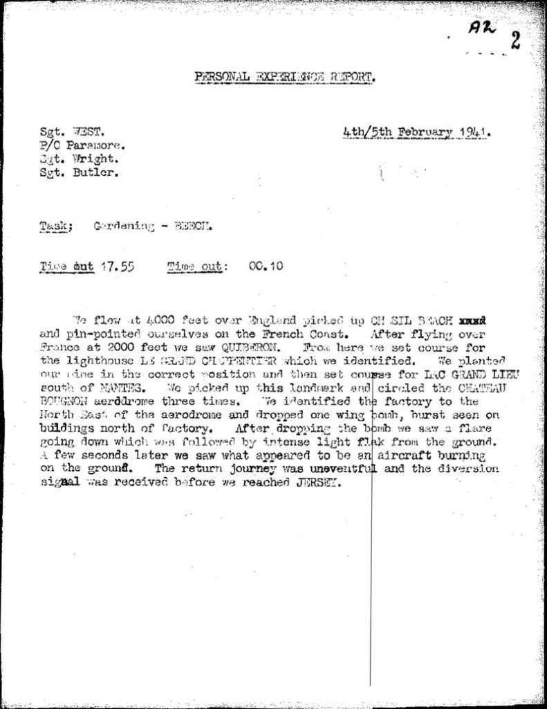 106 Squadron – Personal Experience Report Task Gardening – BEECH 4 Feb 1941