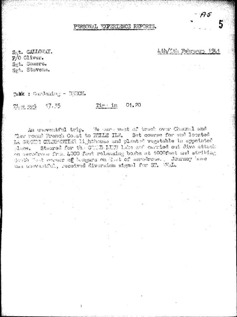 106 Squadron – Personal Experience Report Task Gardening – BEECH 4 Feb 1941