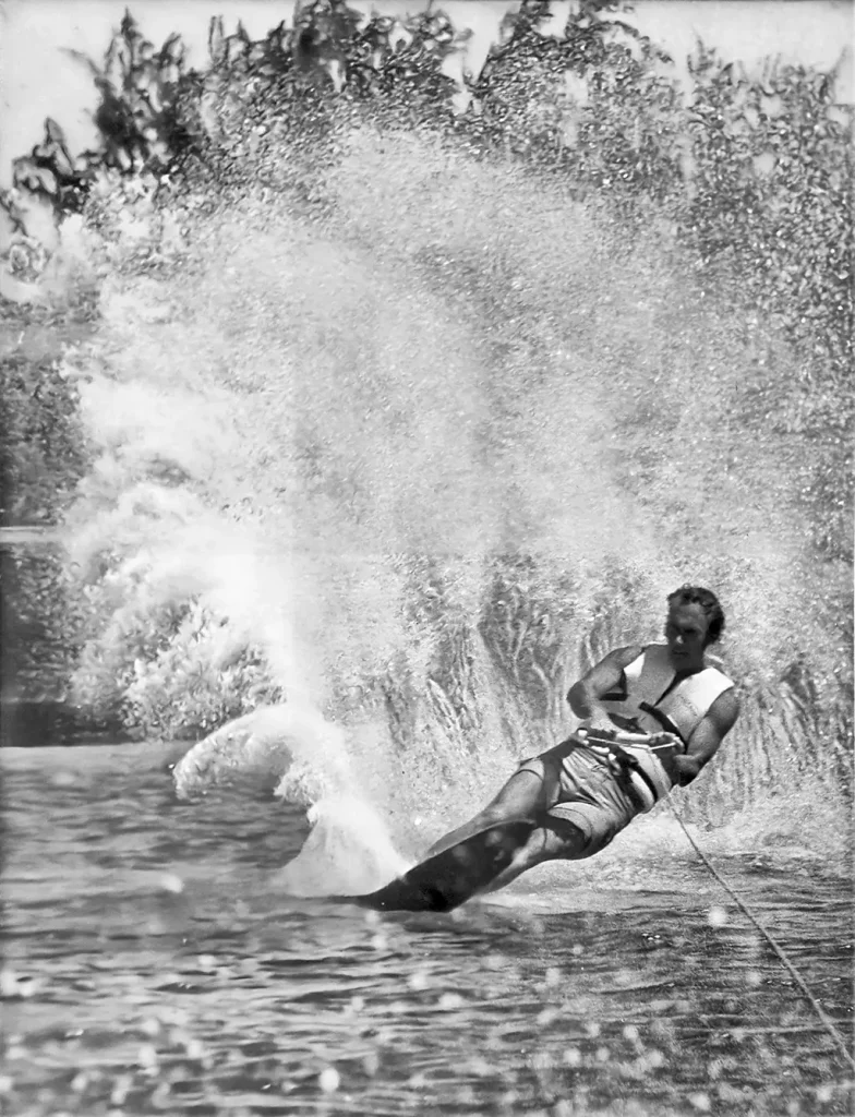 David Inniss water skiing off the Band Stand