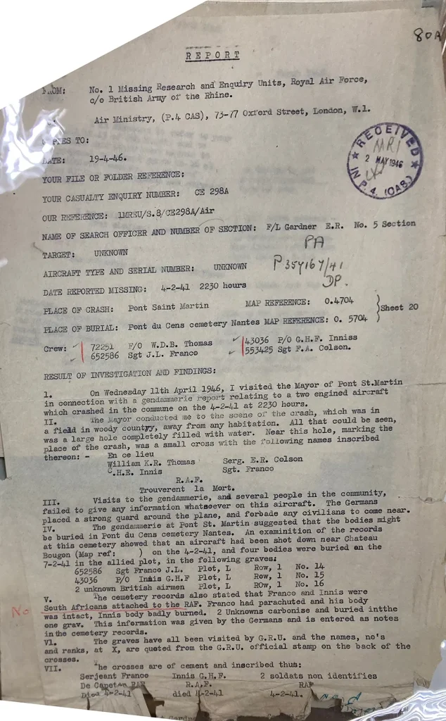 P/O George Harold Frederick Inniss - AD750 crash report file