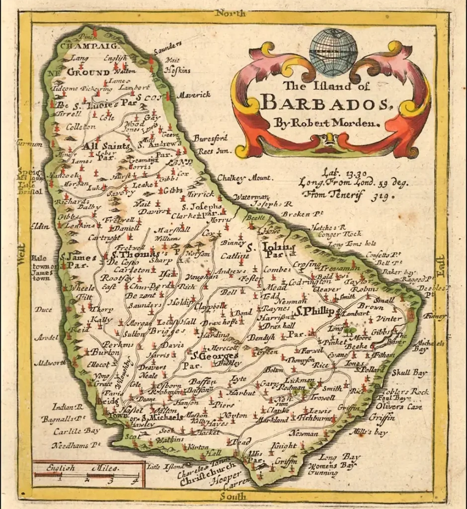 A coloured map of the Ifland of Barbados by Robert Morden - 1688