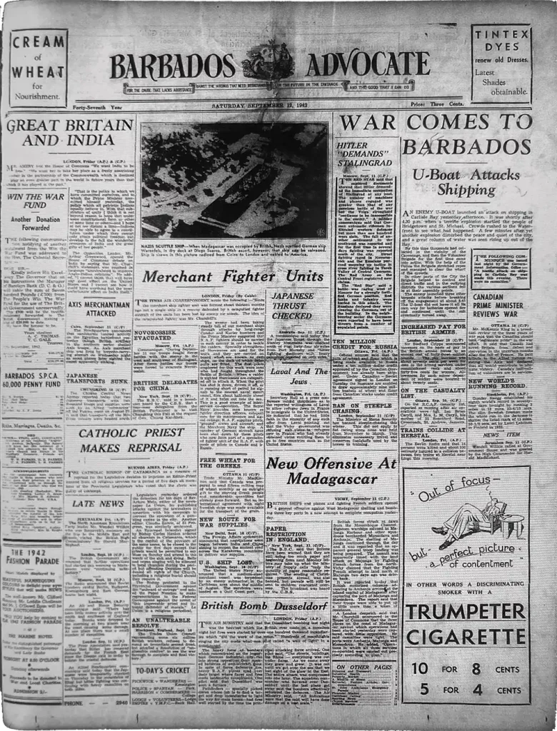 Cornwallis attack by U-514 as reported by Barbados Advocate Saturday 12th September 1942